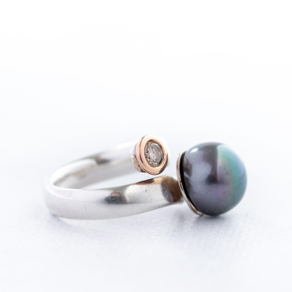 Ring zilver goud parel met briljant
