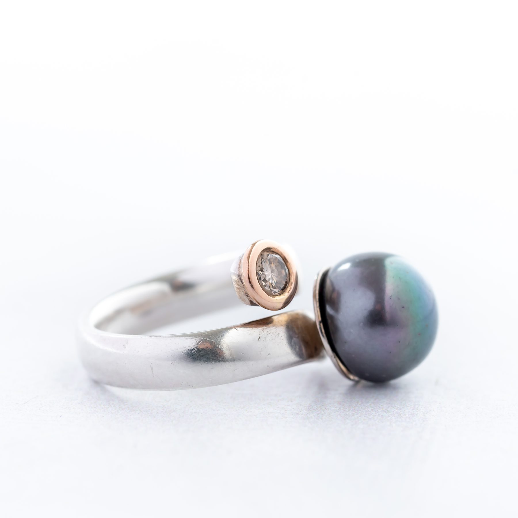 Ring zilver goud parel met briljant